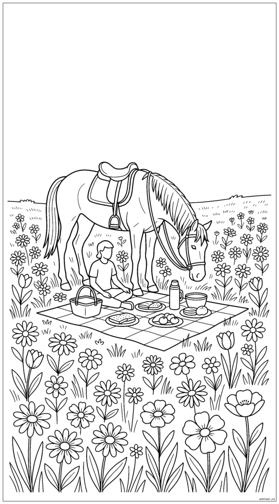 Ruiter en paard picknicken in een weide vol bloemen