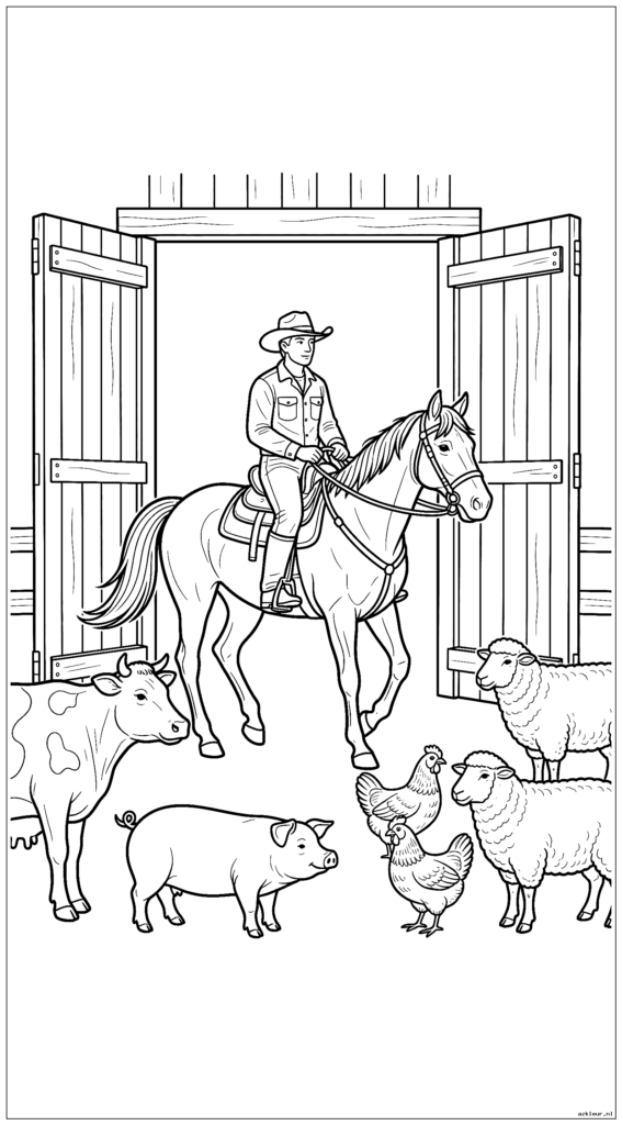 Ruiter leidt paard door staldeuren terwijl boerderijdieren kijken