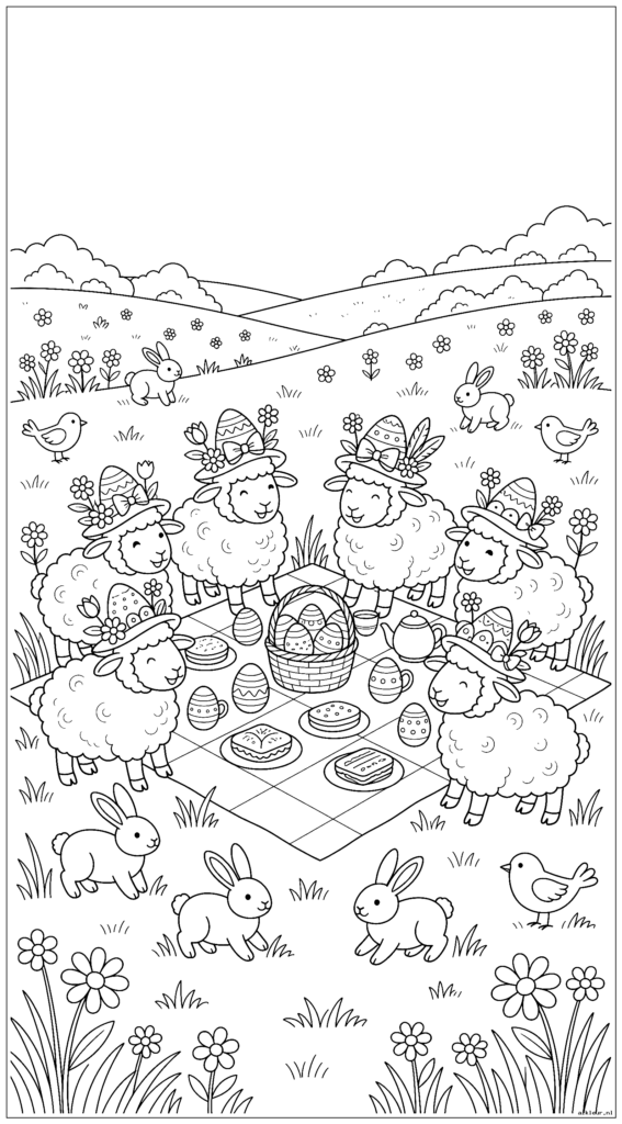 Schapen met paasmutsen tijdens een picknick in de wei