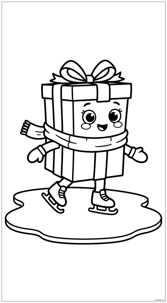 Schattig cadeaudoosje dat schaatst op een bevroren vijver, met een kleine wintersjaal en wanten aan