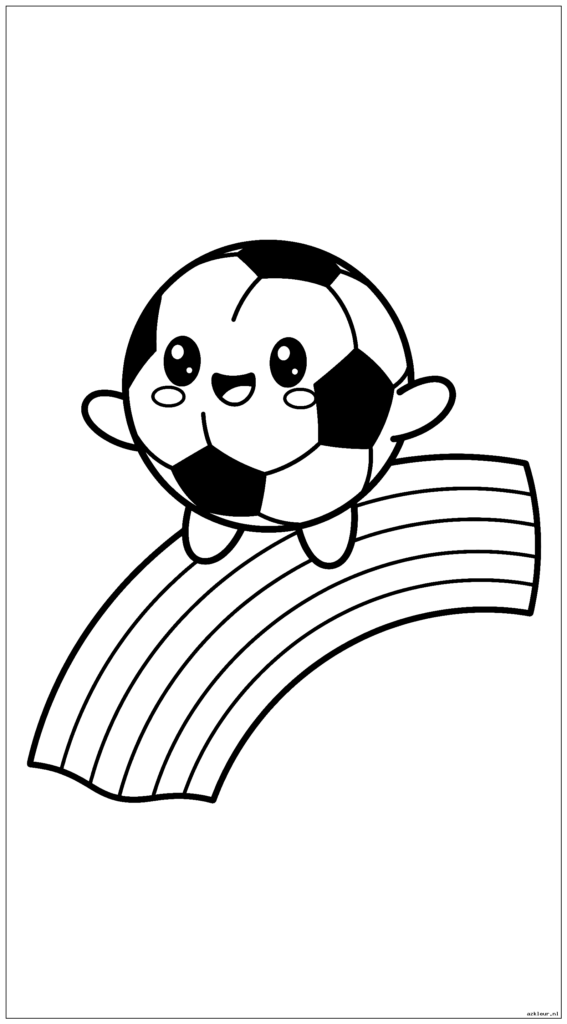 Schattig chibi-voetbalkarakter met een blij gezicht dat op een regenboog rijdt