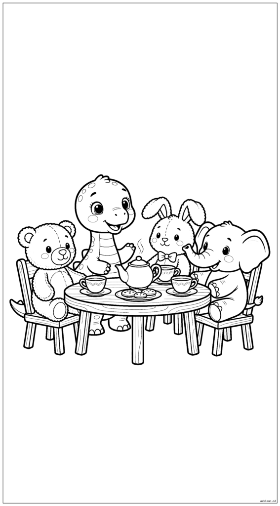 Schattige babydinosaurus die een theekransje heeft met knuffeldierenvrienden