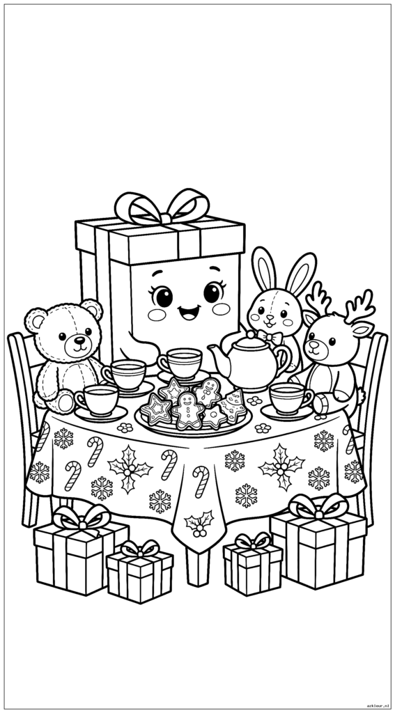 Schattige cadeaudoos met een theekransje met knuffels en koekjes op een kersttafel