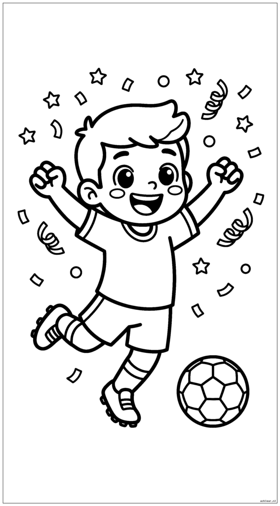 Schattige cartoonvoetballer die een overwinningsdans doet met vallende confetti