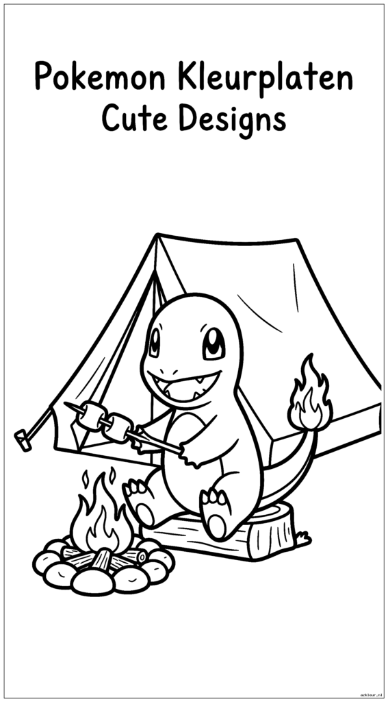 Schattige Charmander roostert marshmallows met zijn staartvlam tijdens het kamperen