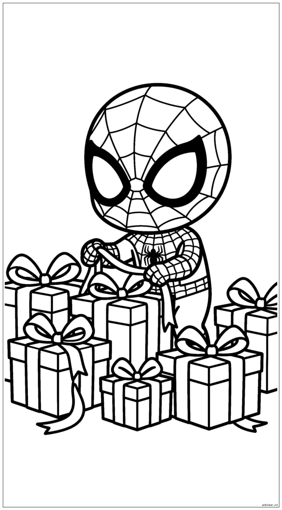 Schattige chibi Spiderman die kerstcadeautjes inpakt met linten en strikken