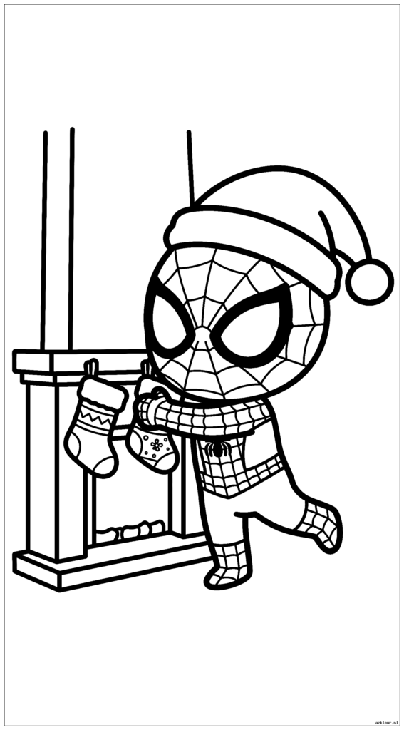 Schattige chibi Spiderman met een kerstmuts terwijl hij kerstkousen aan de open haard hangt
