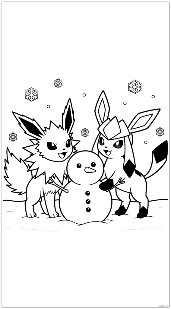 Schattige Jolteon en Glaceon die in de winter een sneeuwpop bouwen