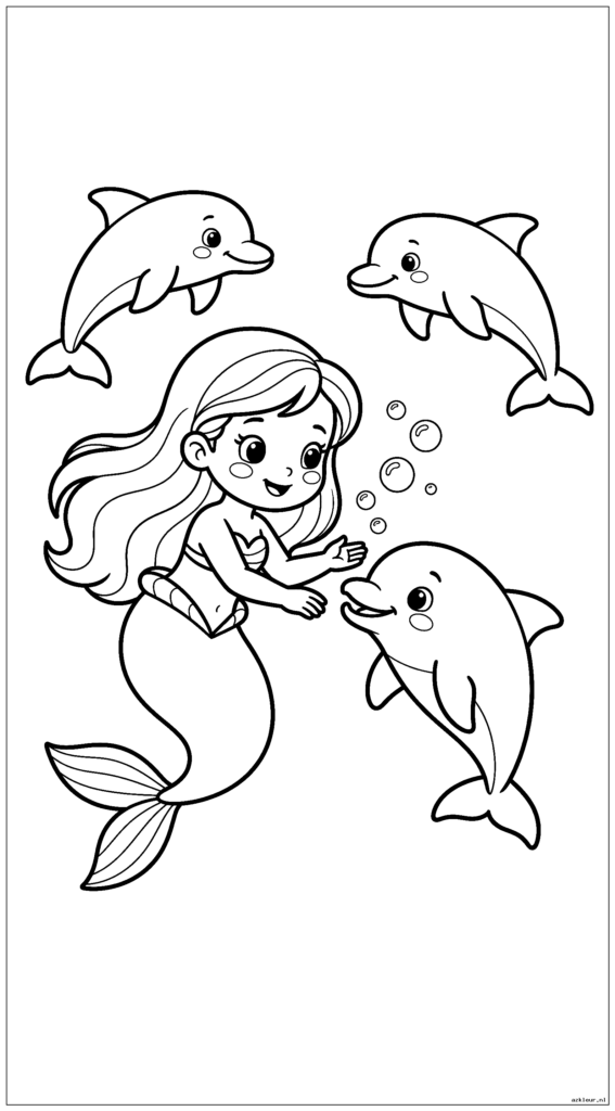 Schattige kleine zeemeermin die een babydolfijn leert hoe hij onder water bellen moet blazen