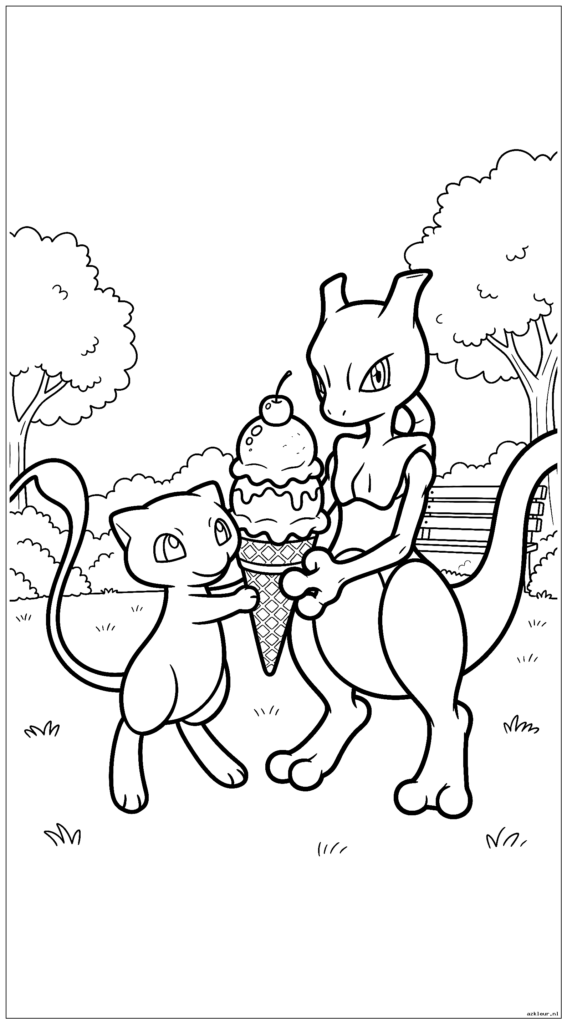 Schattige Mew en Mewtwo delen een ijshoorntje in het park