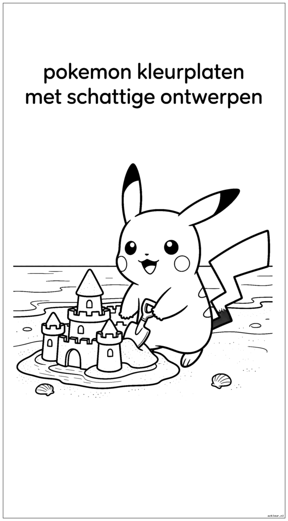 Schattige Pikachu bouwt met een kleine schep een zandkasteel op het strand