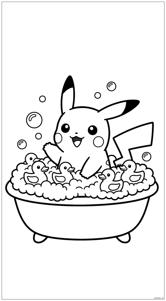 Schattige Pikachu speelt in een bubbelbad met rubberen eendjes