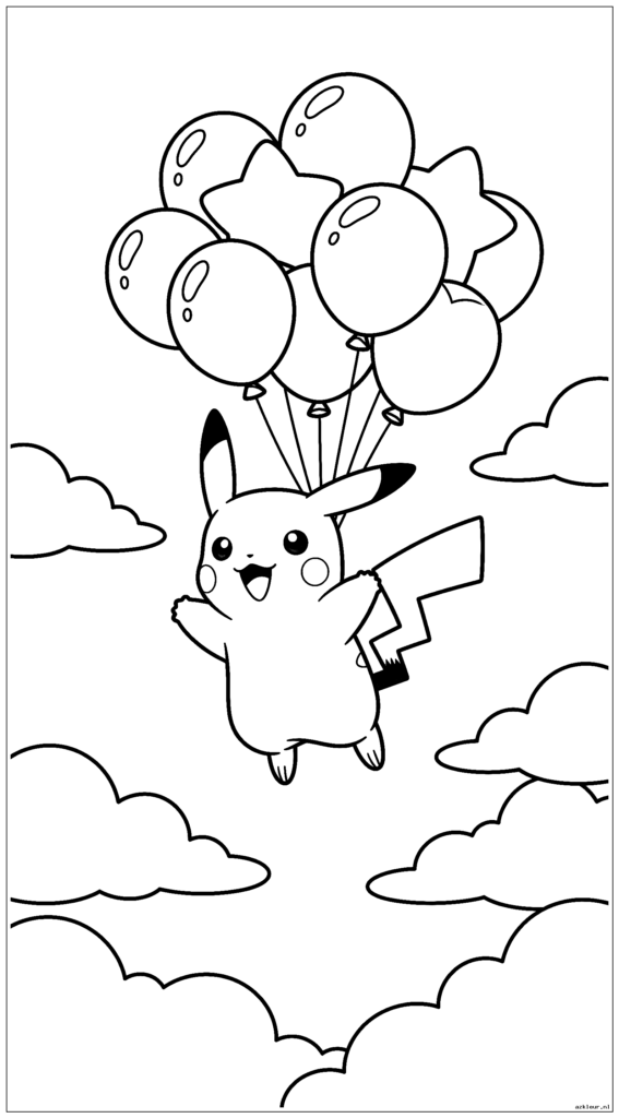 Schattige Pikachu vliegt met ballonnen vastgebonden aan zijn middel door pluizige wolken