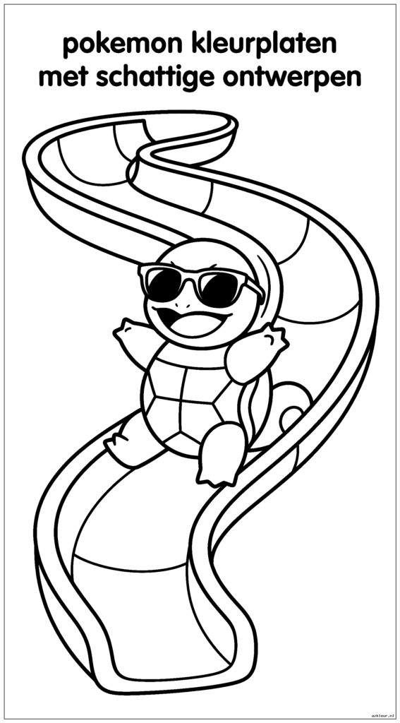 Schattige Squirtle glijdt van een waterglijbaan met zonnebril op