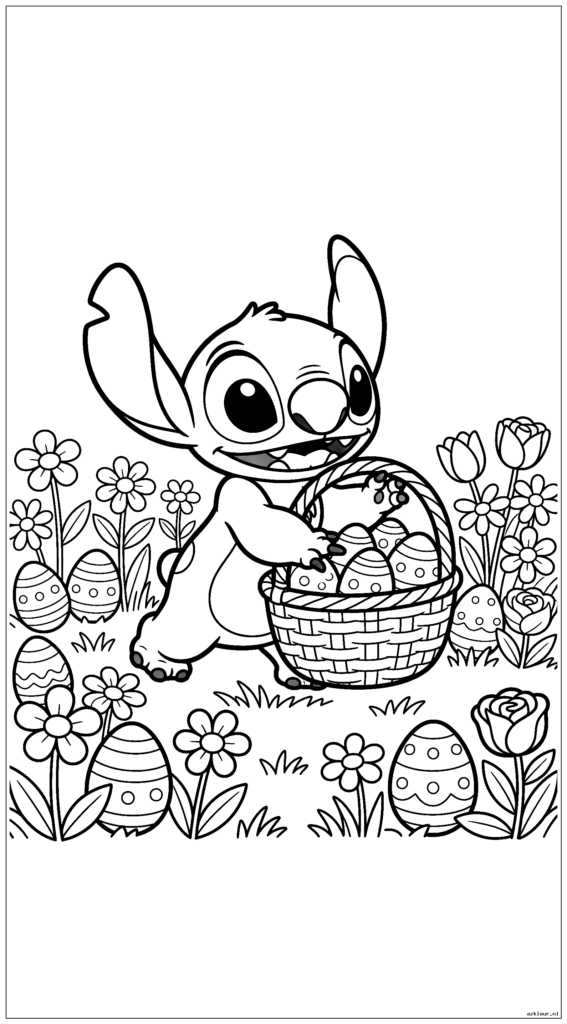 Schattige Stitch die een paasmandje draagt ​​terwijl hij op jacht is naar eieren in een bloementuin