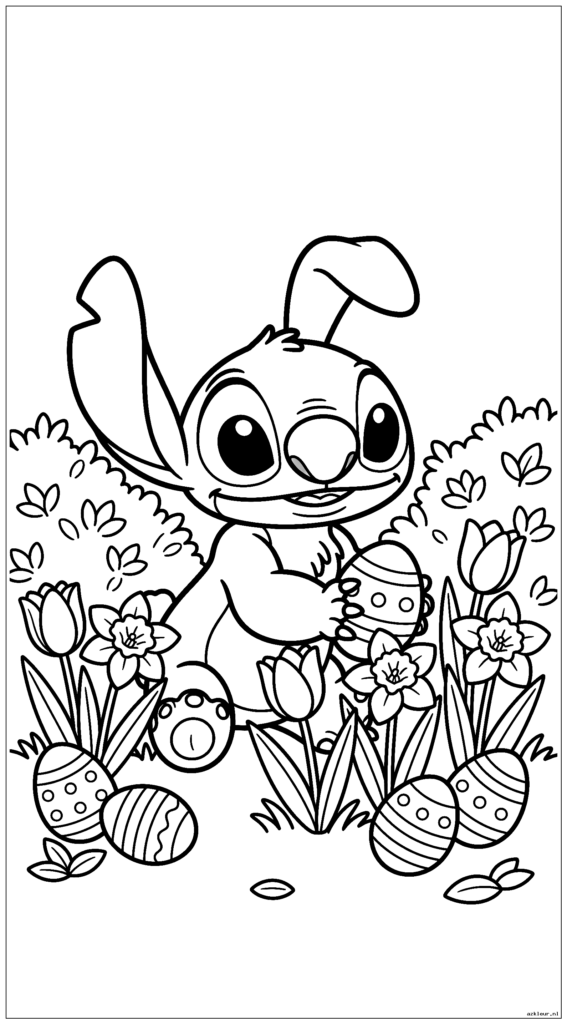 Schattige Stitch verkleed als paashaas die eieren verbergt achter lentebloemen en struiken