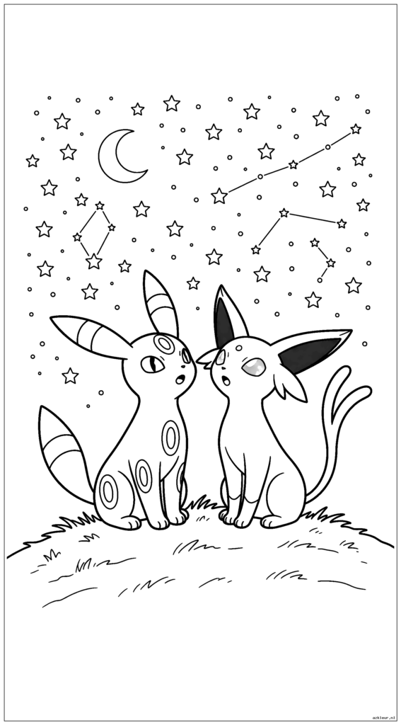 Schattige Umbreon en Espeon naar de sterren kijken op een heuveltop