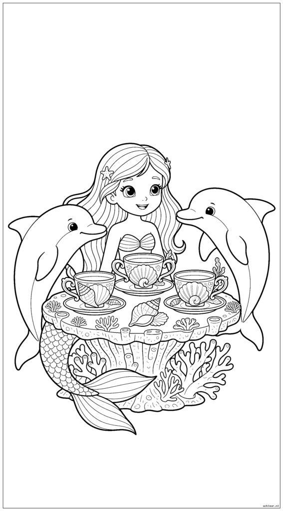 Schattige zeemeermin en dolfijn die een theekransje houden aan een koraaltafel met theekopjes van zeeschelpen