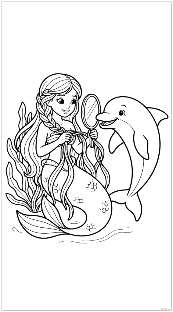 Schattige zeemeermin vlecht zeewier terwijl een speelse dolfijn haar spiegel vasthoudt