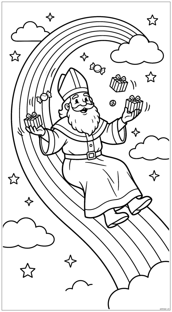 "Sinterklaas draagt zijn traditionele bisschopsgewaad en mijterhoed