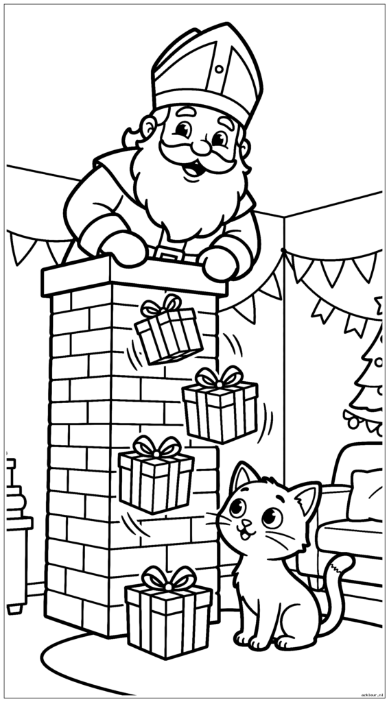 Sinterklaas gluurt met een vrolijke glimlach uit de schoorsteen terwijl cadeautjes zachtjes in een gezellige woonkamer vallen