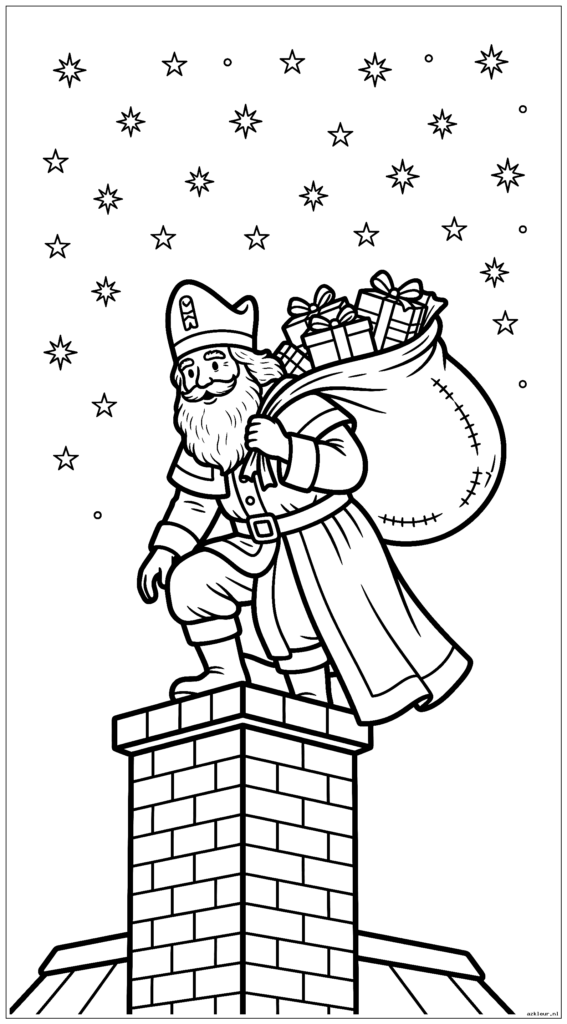 Sinterklaas klimt met zijn tas vol cadeautjes door de schoorsteen terwijl er sterren aan de hemel fonkelen