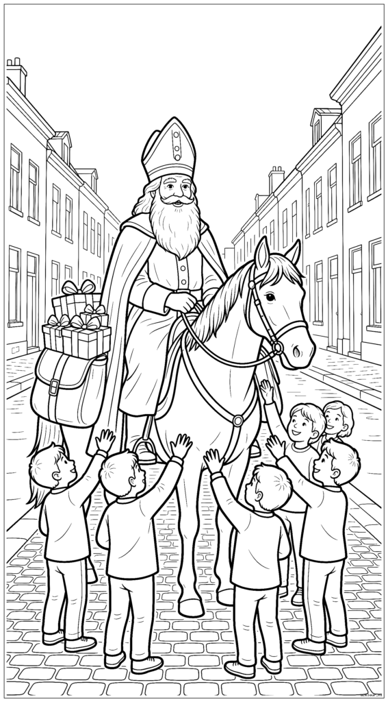 Sinterklaas op Amerigo begroet kinderen vanuit een grachtenstraat