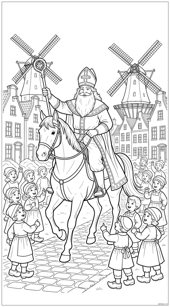 Sinterklaas rijdt op zijn paard door een Nederlands dorp met windmolens op de achtergrond