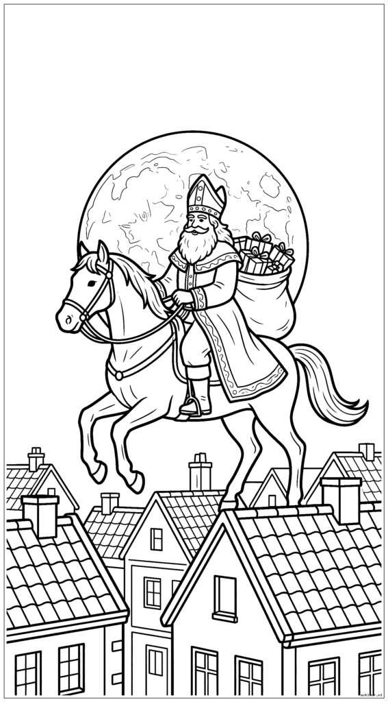 Sinterklaas rijdt 's nachts met Amerigo over de daken