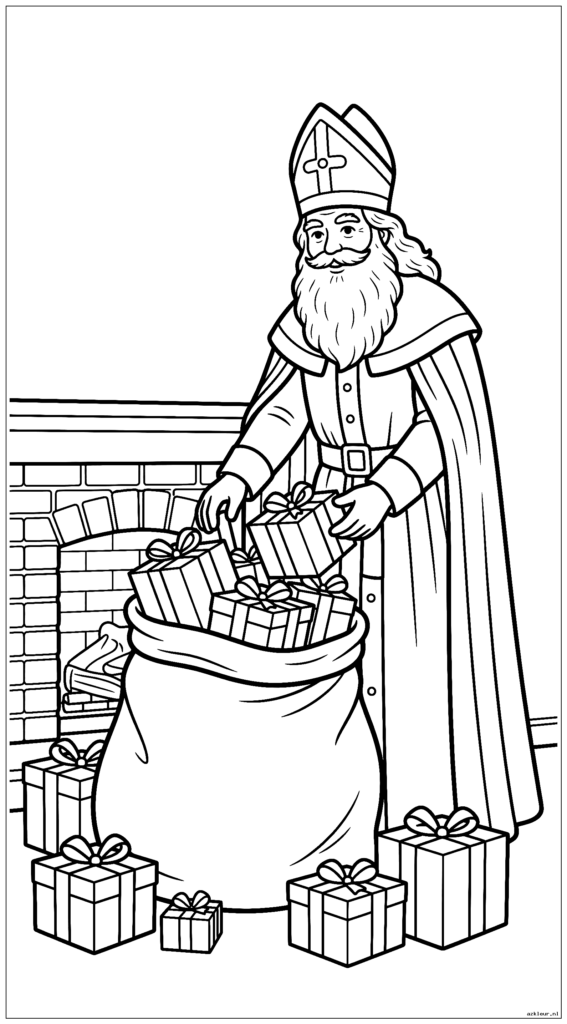 Sinterklaas staat bij een open haard