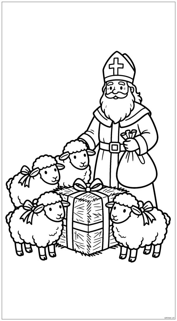 Sinterklaas staat naast een groep schattige schapen waarvan de wol versierd is met eenvoudige linten