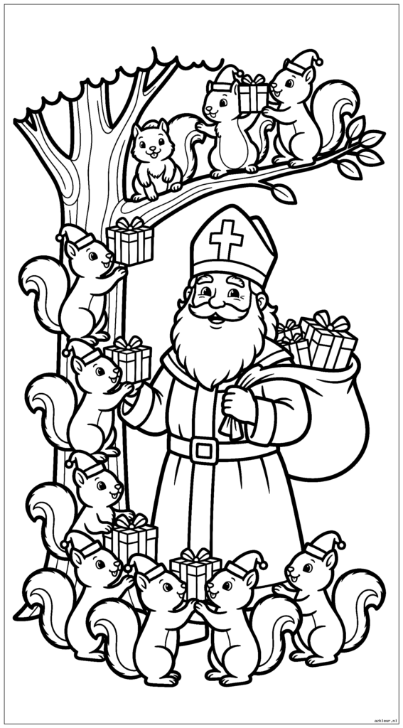 Sinterklaas staat onder een boom en begeleidt een groep schattige eekhoorns die een ketting vormen om cadeautjes naar boven door te geven