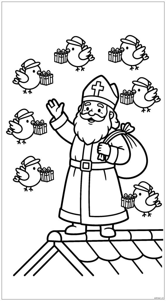 Sinterklaas staat op een dak en zwaait naar een groep schattige vogels met kleine cadeautjes in hun snavel