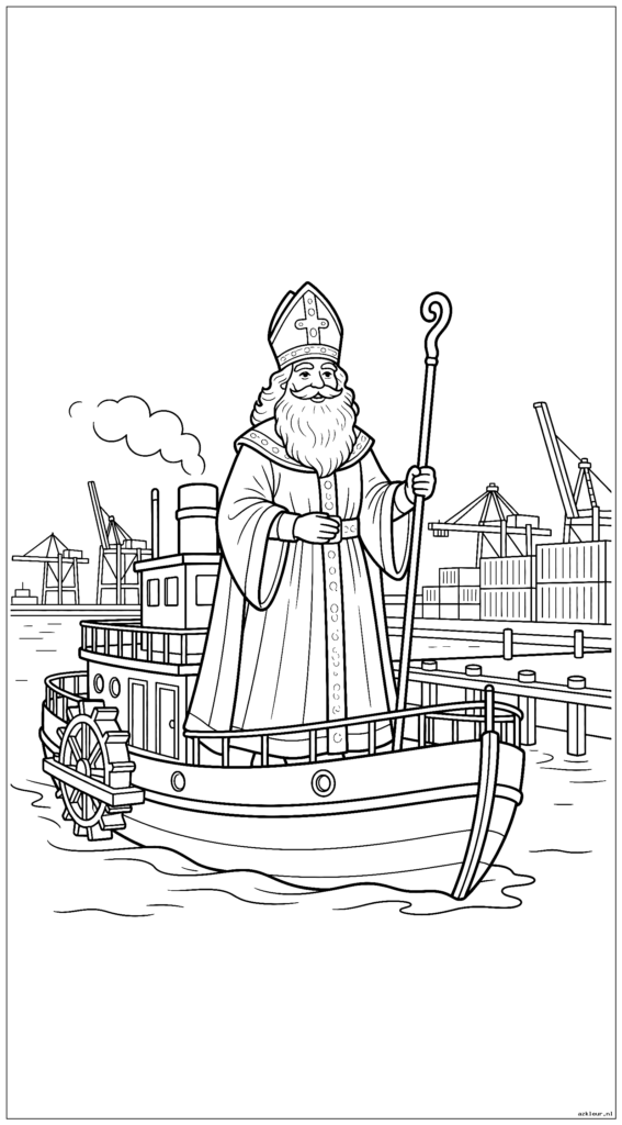 Sinterklaas staat op een stoomboot en arriveert in de haven met zijn mijter en staf