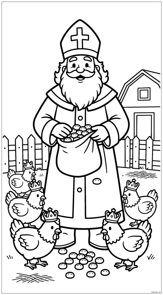 Sinterklaas staat op een vrolijk boerenerf en voert pepernoten aan schattige kippen