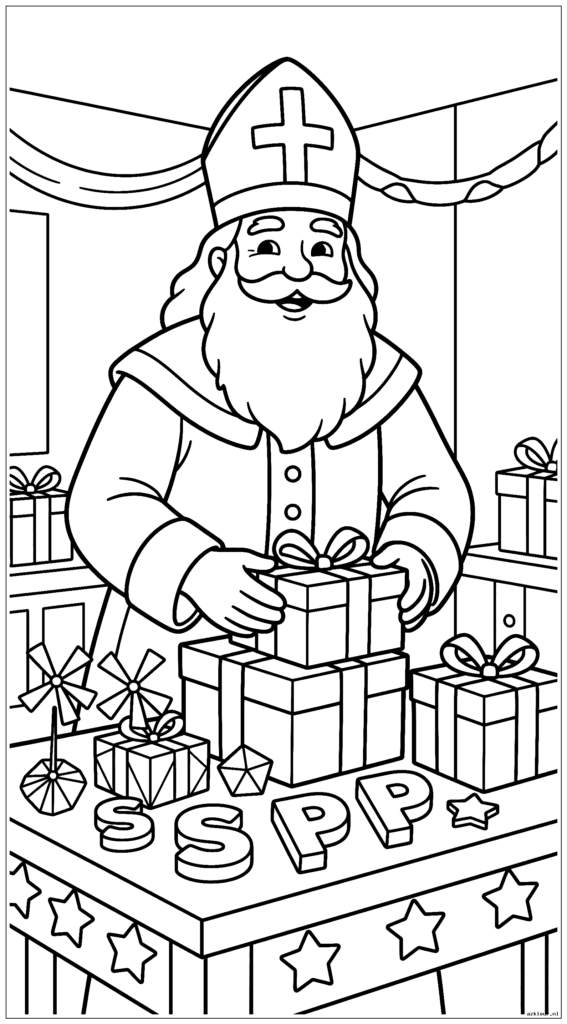 "Sinterklaas staat vrolijk in een feestzaal vol ingepakte cadeautjes