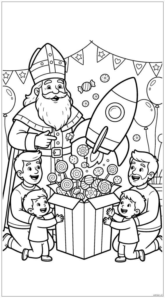 Sinterklaas staat vrolijk naast een gezin dat een groot verrassingscadeau in de vorm van een raket uitpakt