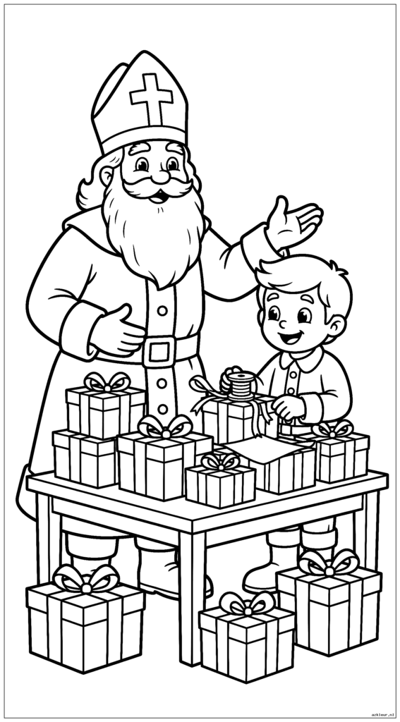 Sinterklaas staat vrolijk naast een grote tafel