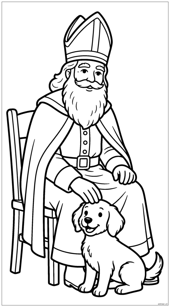 Sinterklaas zit op een stoel en aait zachtjes een kleine puppy