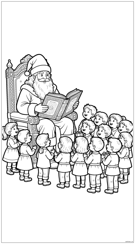 Sinterklaas zit op zijn troon en leest uit zijn grote boek terwijl kinderen in de rij staan ​​om hem te ontmoeten