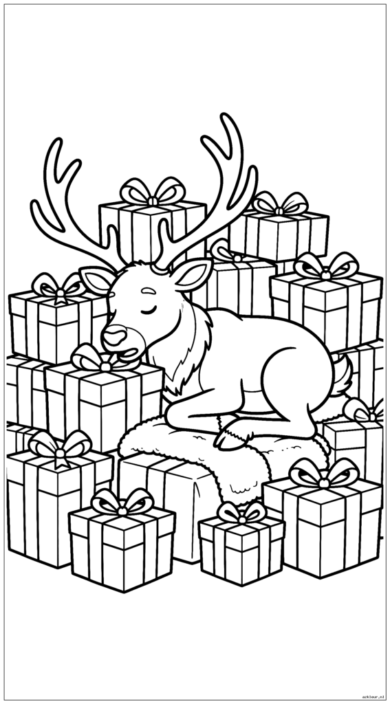 Slaperig rendier doet een dutje op een stapel zachte cadeautjes na de kerstbezorging
