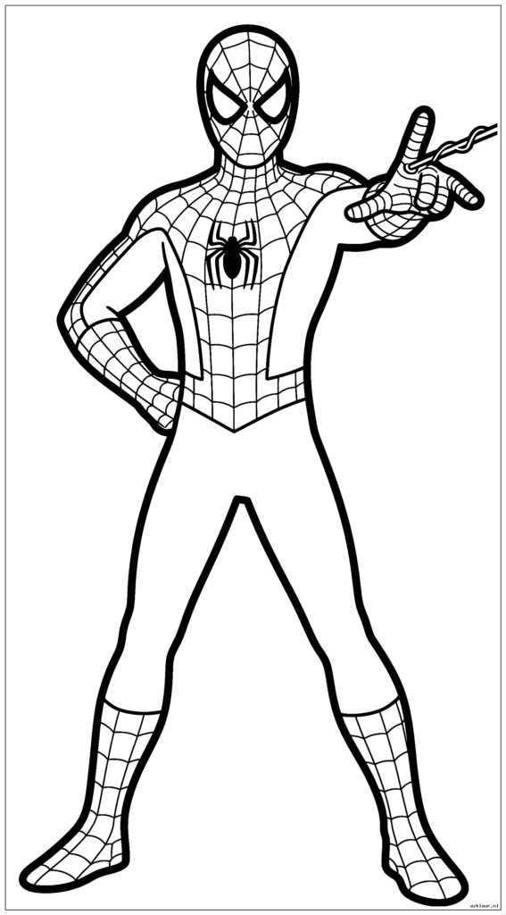 Spider-Man in een klassieke superheldenhouding die zelfverzekerd staat