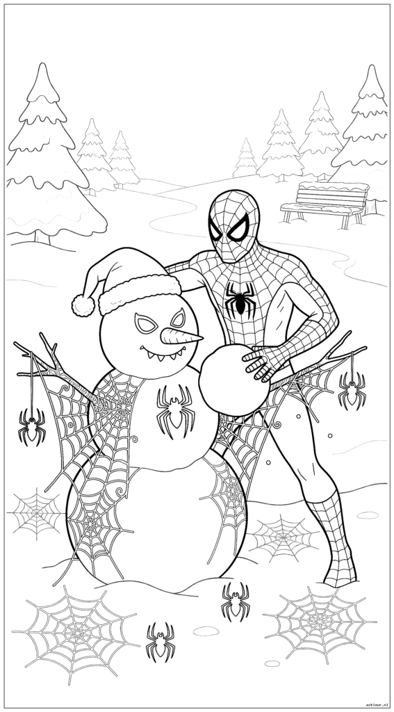 Spiderman bouwt een sneeuwpop met versieringen met spinnenthema in een besneeuwd park
