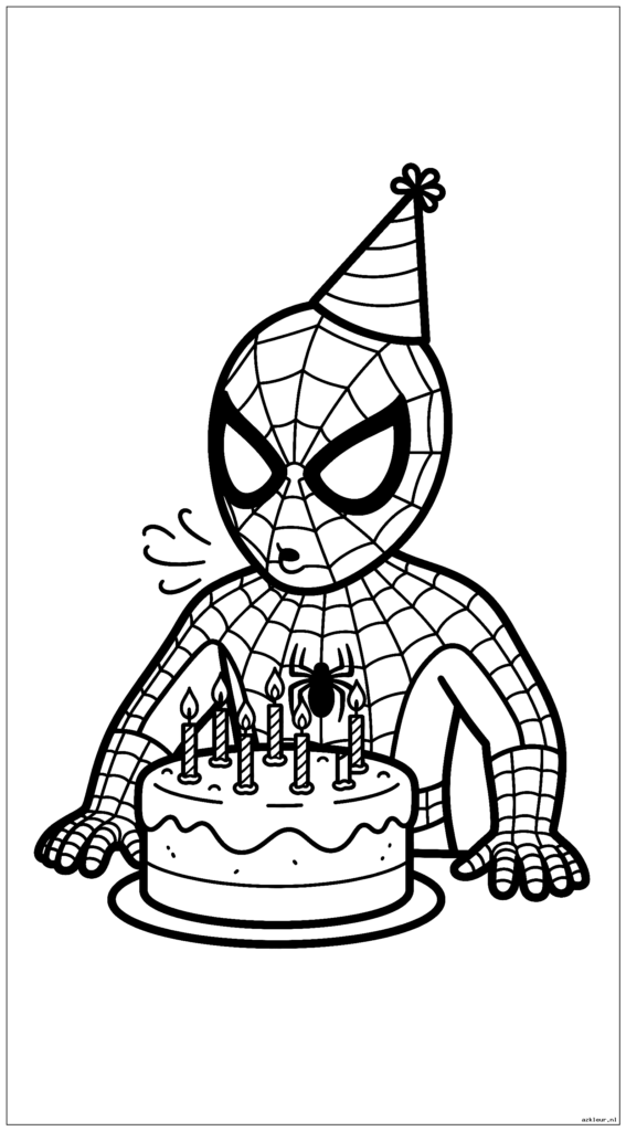 Spiderman draagt ​​een feesthoed en blaast kaarsjes op de verjaardagstaart uit