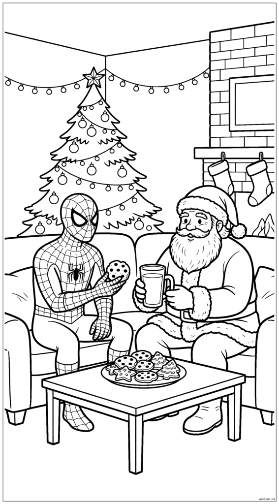Spiderman en de Kerstman delen koekjes en melk in een gezellige woonkamer