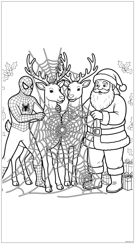 Spiderman en de Kerstman werken samen om rendieren uit spinnenwebben te ontwarren