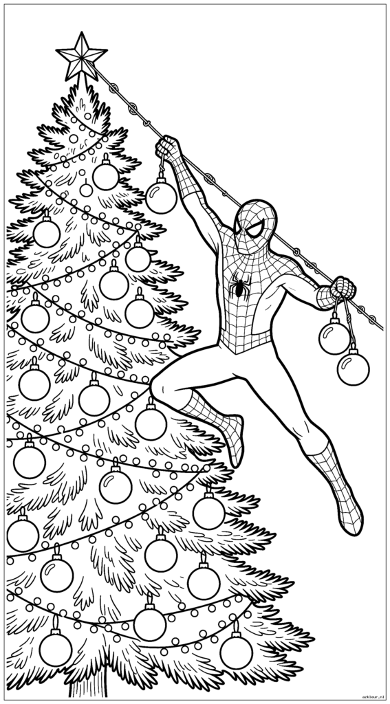 Spiderman gebruikt webtouwtjes om ornamenten aan een hoge kerstboom te hangen