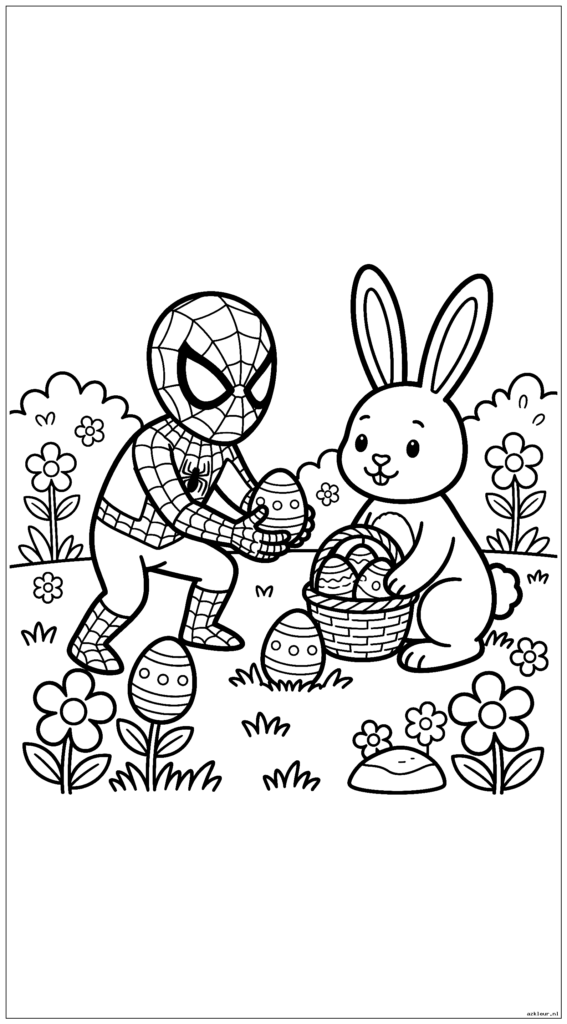 Spiderman helpt paashaas eieren te verstoppen in een tuin