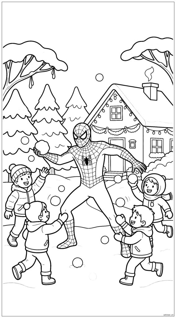 Spiderman houdt een sneeuwballengevecht met buurtkinderen in een winterwonderland