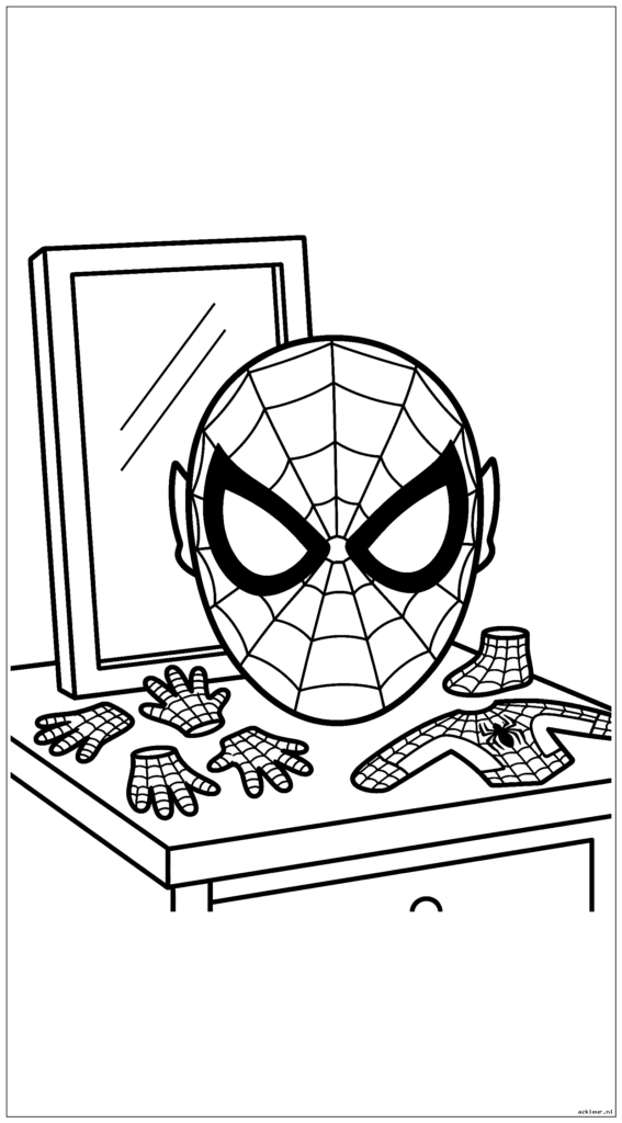 Spiderman-masker geplaatst op een dressoirspiegel met kostuumstukken